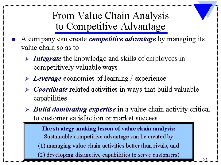 From Value Chain Analysis to Competitive Advantage l A company can create competitive advantage