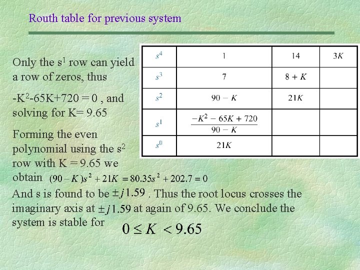 Routh table for previous system Only the s 1 row can yield a row