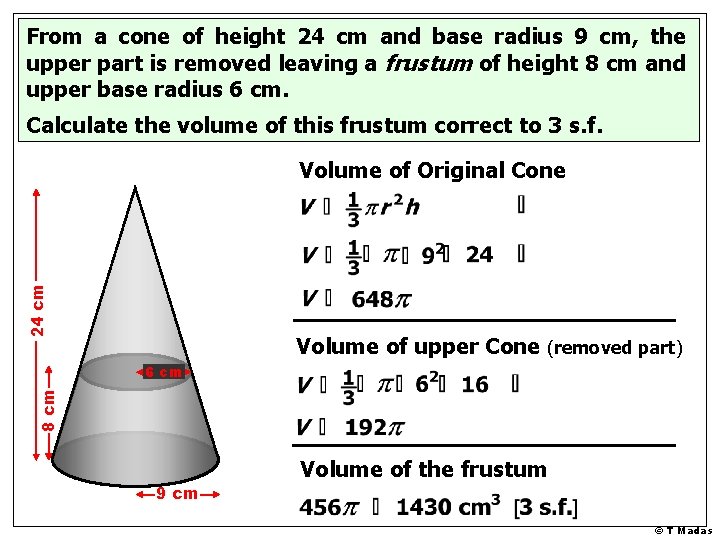 From a cone of height 24 cm and base radius 9 cm, the upper
