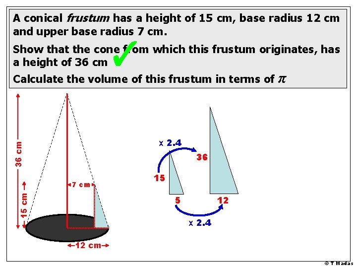 A conical frustum has a height of 15 cm, base radius 12 cm and