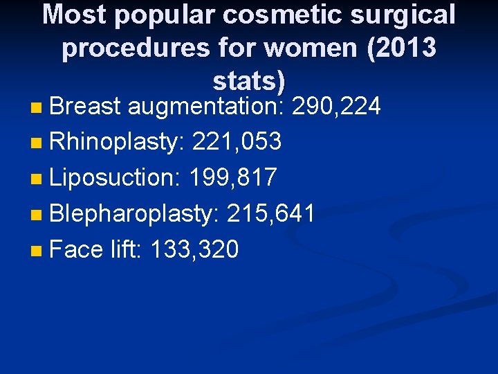 Most popular cosmetic surgical procedures for women (2013 stats) Breast augmentation: 290, 224 n Most popular cosmetic surgical procedures for women (2013 stats) Breast augmentation: 290, 224 n