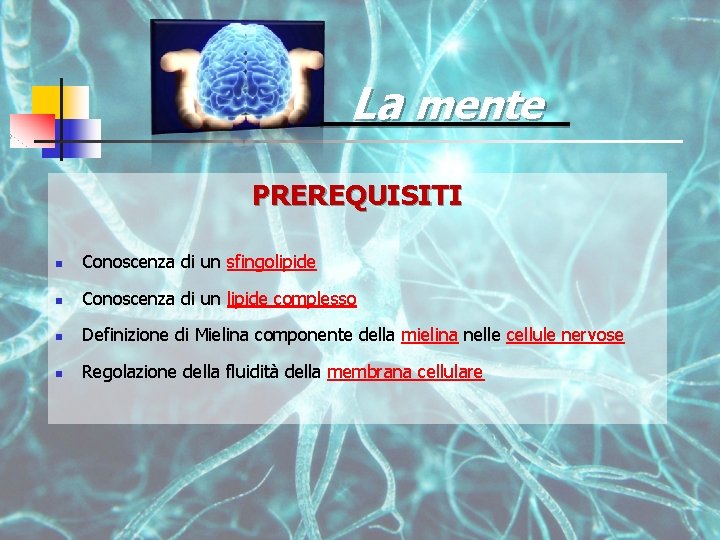 La mente PREREQUISITI n Conoscenza di un sfingolipide n Conoscenza di un lipide complesso