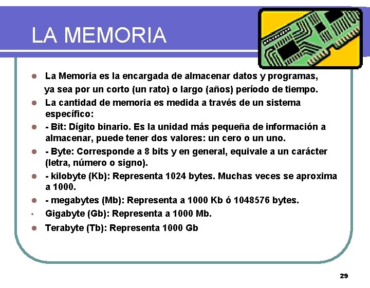 LA MEMORIA La Memoria es la encargada de almacenar datos y programas, ya sea