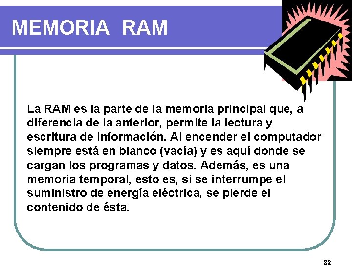 MEMORIA RAM La RAM es la parte de la memoria principal que, a diferencia