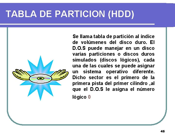 TABLA DE PARTICION (HDD) Se llama tabla de partición al índice de volúmenes del