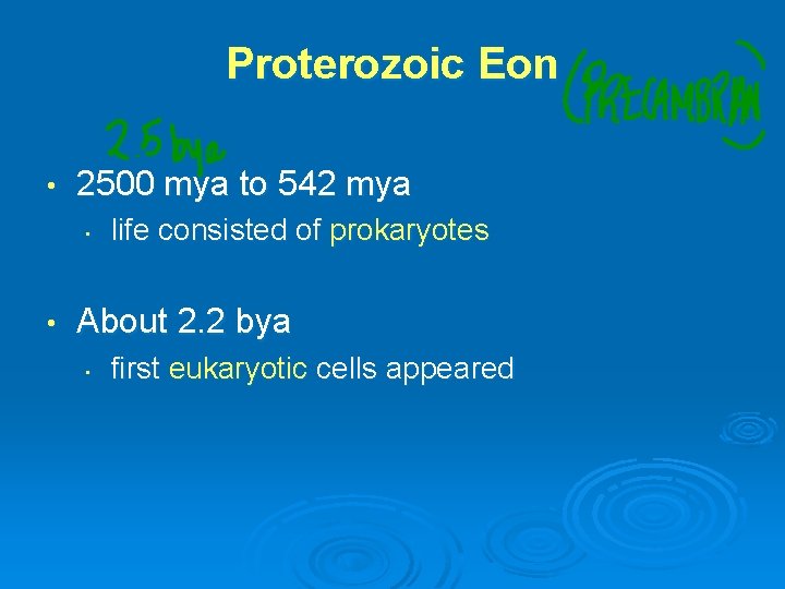 Proterozoic Eon • 2500 mya to 542 mya • • life consisted of prokaryotes Proterozoic Eon • 2500 mya to 542 mya • • life consisted of prokaryotes