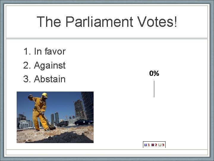 The Parliament Votes! 1. In favor 2. Against 3. Abstain 