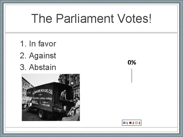 The Parliament Votes! 1. In favor 2. Against 3. Abstain 