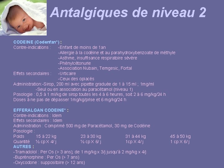 Antalgiques de niveau 2 CODEINE (Codenfan*) : Contre-indications : -Enfant de moins de 1