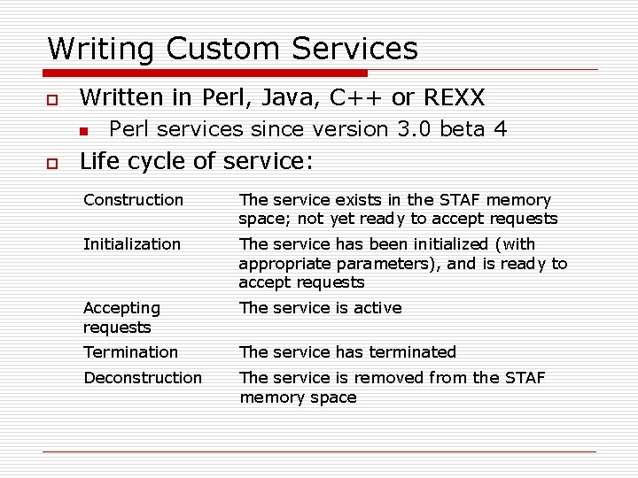 Writing Custom Services o Written in Perl, Java, C++ or REXX n o Perl