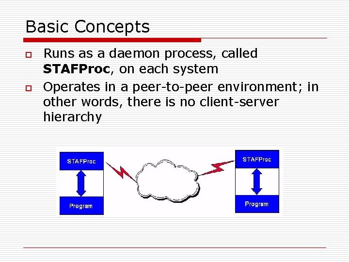 Basic Concepts o o Runs as a daemon process, called STAFProc, on each system
