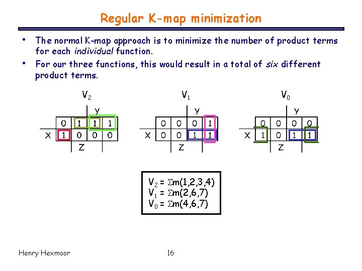 Regular K-map minimization • • The normal K-map approach is to minimize the number