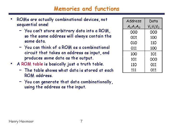 Memories and functions • • ROMs are actually combinational devices, not sequential ones! –