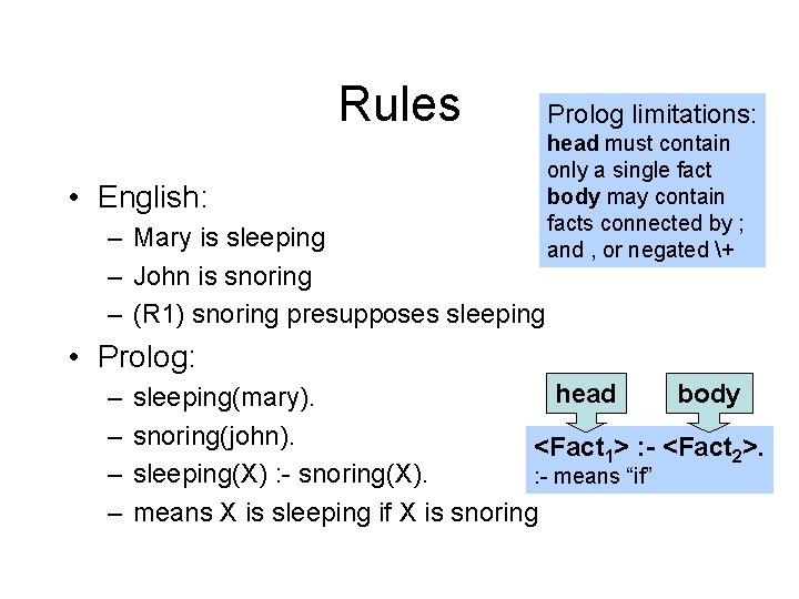 Rules • English: – Mary is sleeping – John is snoring – (R 1)