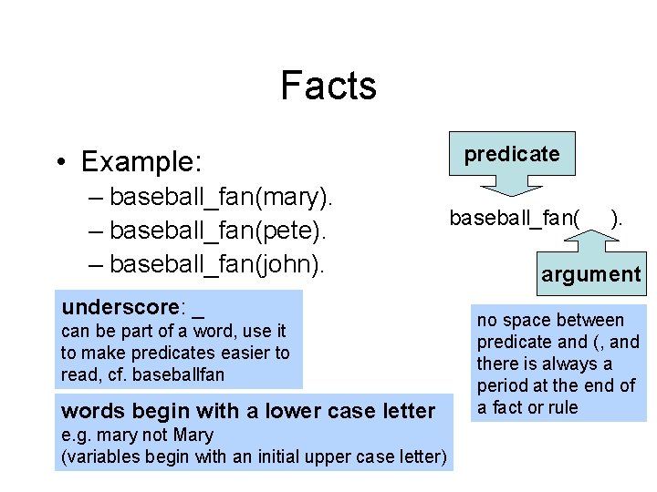 Facts • Example: – baseball_fan(mary). – baseball_fan(pete). – baseball_fan(john). underscore: _ can be part