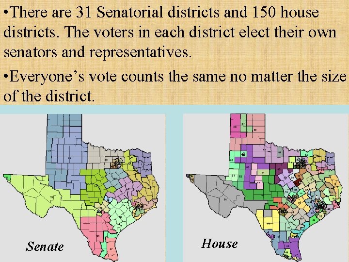  • There are 31 Senatorial districts and 150 house districts. The voters in