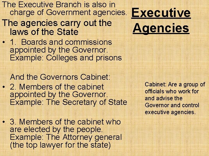 The Executive Branch is also in charge of Government agencies. The agencies carry out