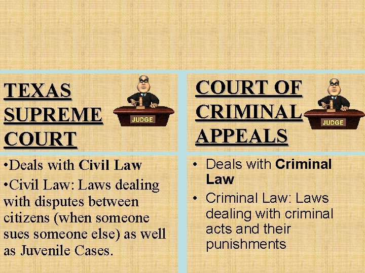 TEXAS SUPREME COURT OF CRIMINAL APPEALS • Deals with Civil Law • Civil Law: