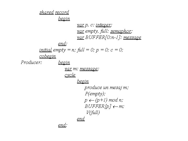 shared record begin var p, c: integer; var empty, full: semaphor; var BUFFER[0: n-1]: