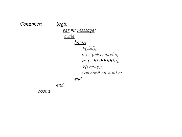 Consumer: coend begin var m: message; cycle begin P(full); c (c+1) mod n; m