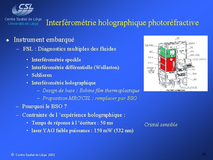 Centre Spatial de Liège Université de Liège ¨ Interférométrie holographique photoréfractive Instrument embarqué –