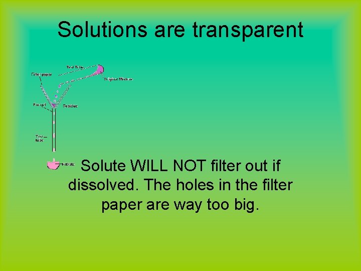 Solutions are transparent Solute WILL NOT filter out if dissolved. The holes in the