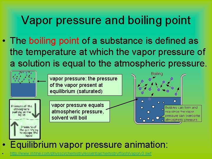 Vapor pressure and boiling point • The boiling point of a substance is defined