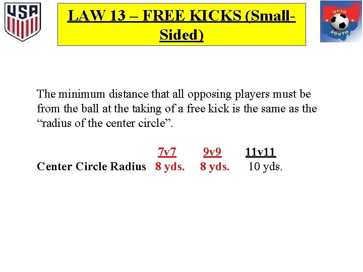 LAW 13 – FREE KICKS (Small. Sided) The minimum distance that all opposing players