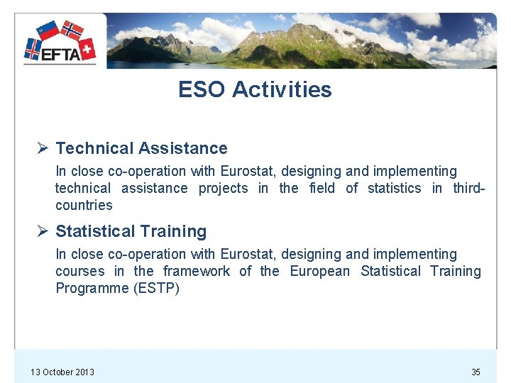ESO Activities Ø Technical Assistance In close co-operation with Eurostat, designing and implementing technical