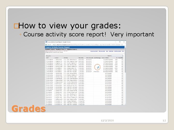 �How to view your grades: ◦ Course activity score report! Very important Grades 12/2/2020