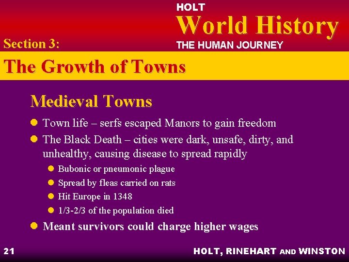 HOLT Section 3: World History THE HUMAN JOURNEY The Growth of Towns Medieval Towns