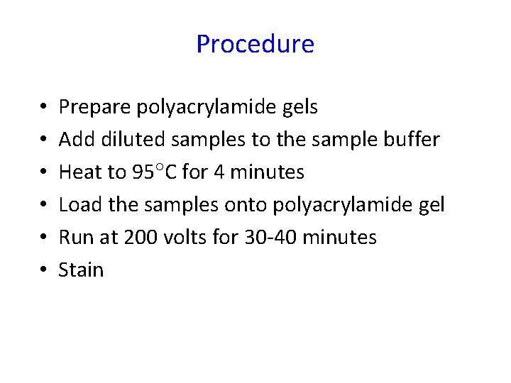 Procedure • • • Prepare polyacrylamide gels Add diluted samples to the sample buffer