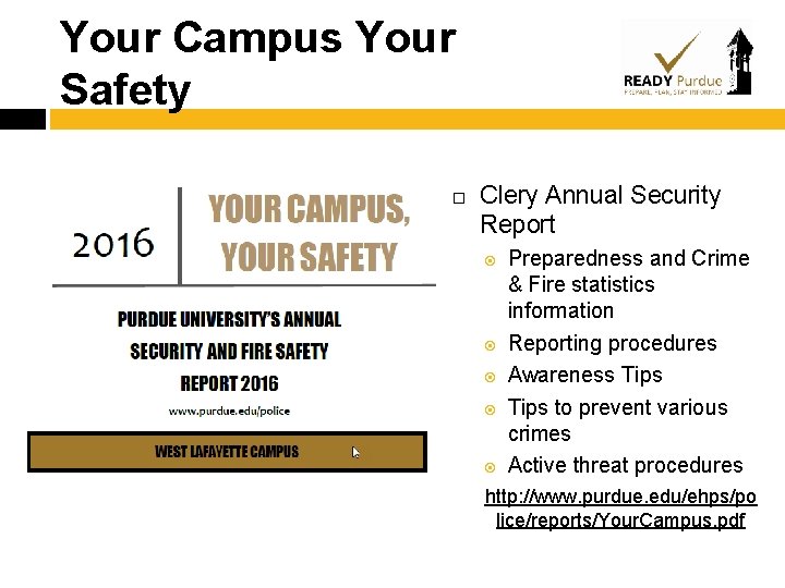 Your Campus Your Safety Clery Annual Security Report Preparedness and Crime & Fire statistics