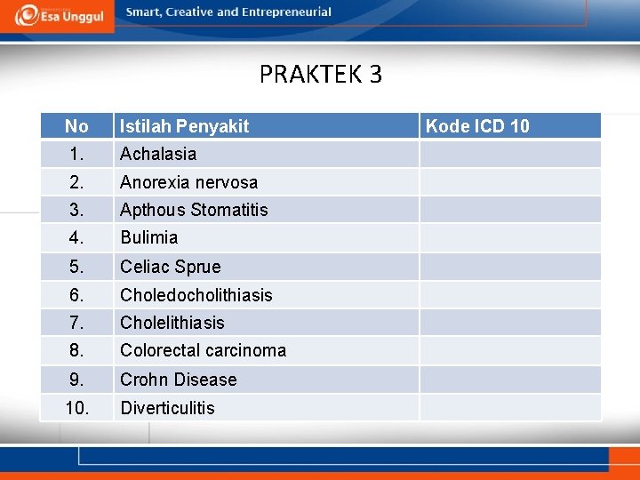 PRAKTEK 3 No Istilah Penyakit 1. Achalasia 2. Anorexia nervosa 3. Apthous Stomatitis 4. PRAKTEK 3 No Istilah Penyakit 1. Achalasia 2. Anorexia nervosa 3. Apthous Stomatitis 4.