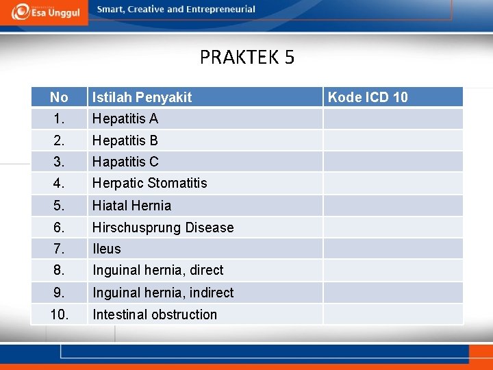PRAKTEK 5 No Istilah Penyakit 1. Hepatitis A 2. Hepatitis B 3. Hapatitis C PRAKTEK 5 No Istilah Penyakit 1. Hepatitis A 2. Hepatitis B 3. Hapatitis C