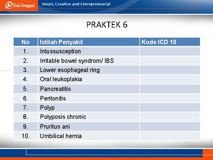 PRAKTEK 6 No Istilah Penyakit 1. Intussusception 2. Irritable bowel syndrom/ IBS 3. Lower PRAKTEK 6 No Istilah Penyakit 1. Intussusception 2. Irritable bowel syndrom/ IBS 3. Lower