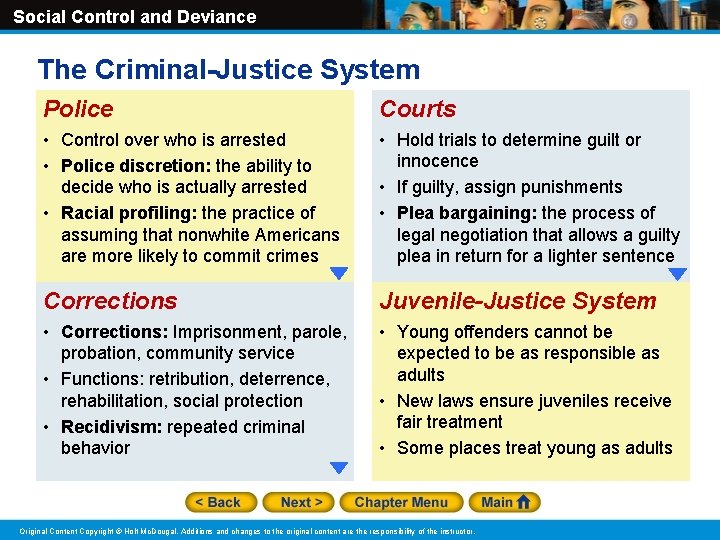 Social Control and Deviance The Criminal-Justice System Police Courts • Control over who is