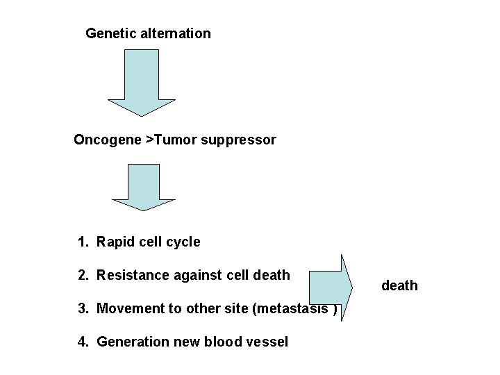 Genetic alternation Oncogene >Tumor suppressor 1. Rapid cell cycle 2. Resistance against cell death