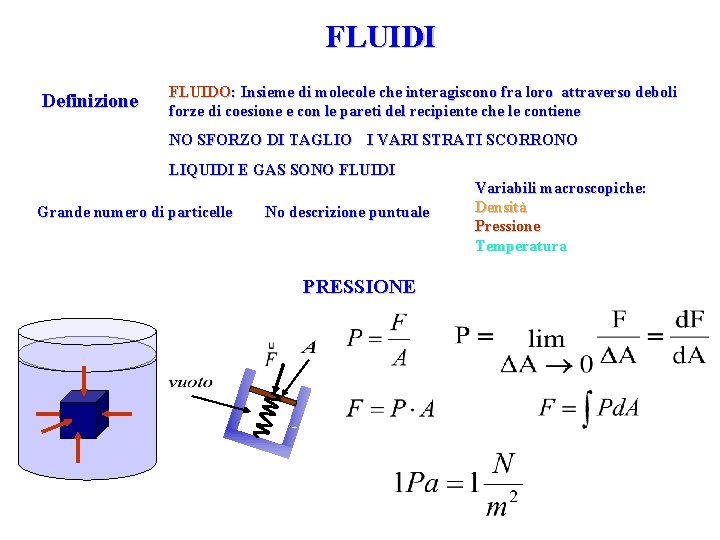 FLUIDI Definizione FLUIDO: Insieme di molecole che interagiscono fra loro attraverso deboli forze di