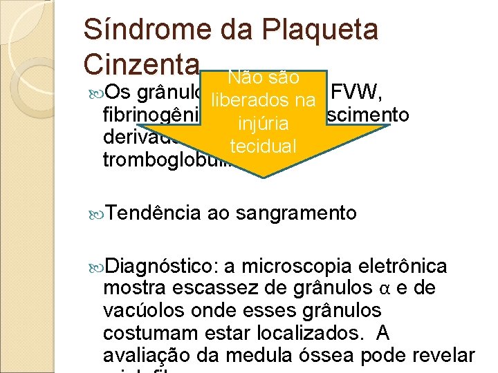 Síndrome da Plaqueta Cinzenta Não são grânulosliberados α contém nao FVW, fibrinogênio, fator de