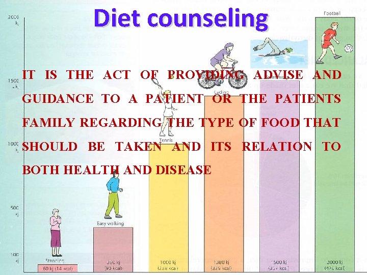 Diet counseling IT IS THE ACT OF PROVIDING ADVISE AND GUIDANCE TO A PATIENT