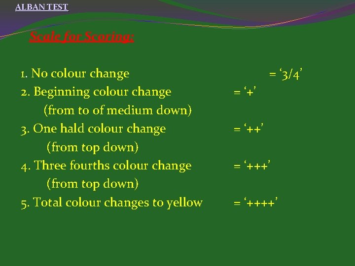 ALBAN TEST Scale for Scoring: 1. No colour change 2. Beginning colour change (from