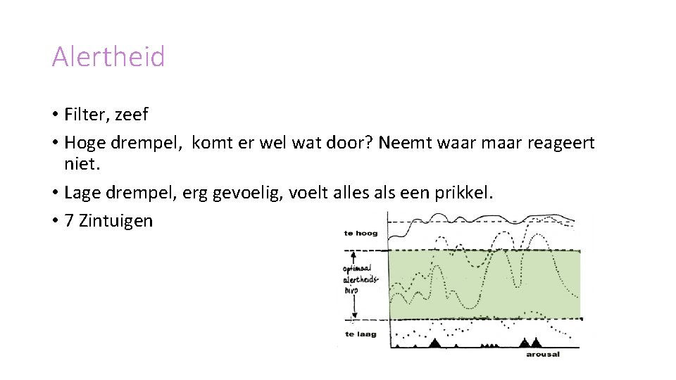 Alertheid • Filter, zeef • Hoge drempel, komt er wel wat door? Neemt waar