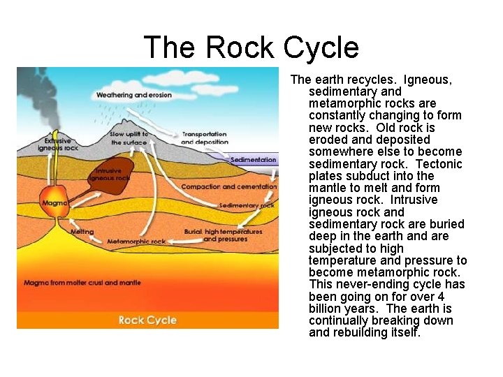 The Rock Cycle The earth recycles. Igneous, sedimentary and metamorphic rocks are constantly changing