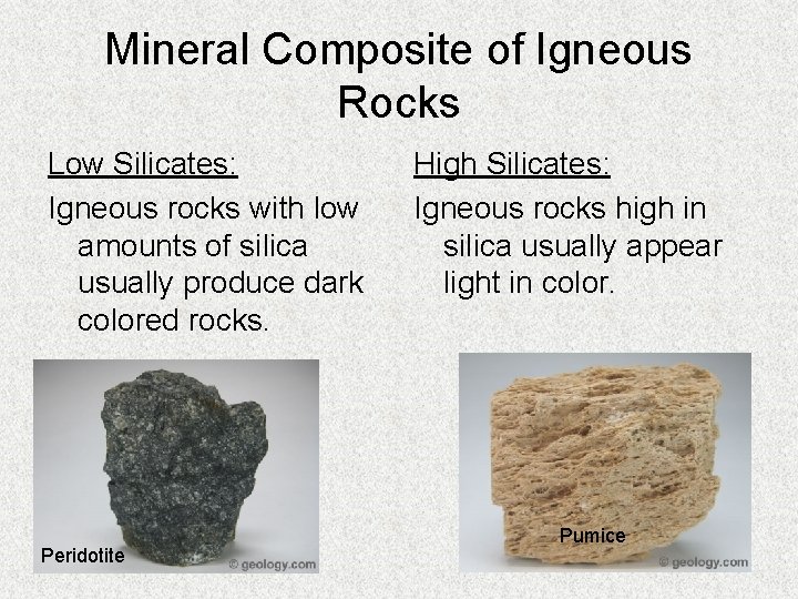 Mineral Composite of Igneous Rocks Low Silicates: Igneous rocks with low amounts of silica