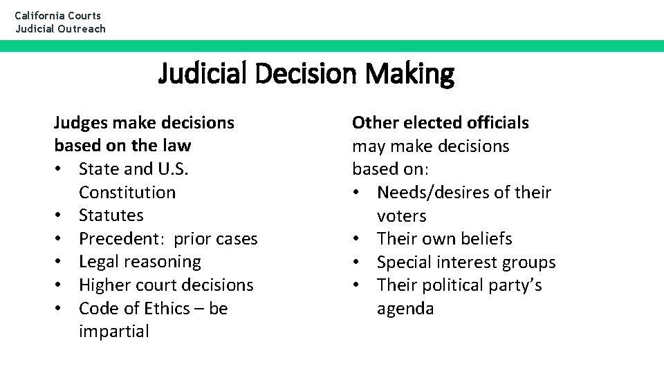 California Courts Judicial Outreach Judicial Decision Making Judges make decisions based on the law