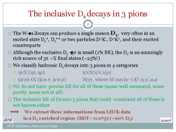 The inclusive Ds decays in 3 pions 16 � The Wè cs decays can The inclusive Ds decays in 3 pions 16 � The Wè cs decays can