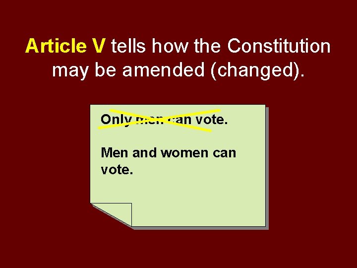 Article V tells how the Constitution may be amended (changed). Only men can vote.