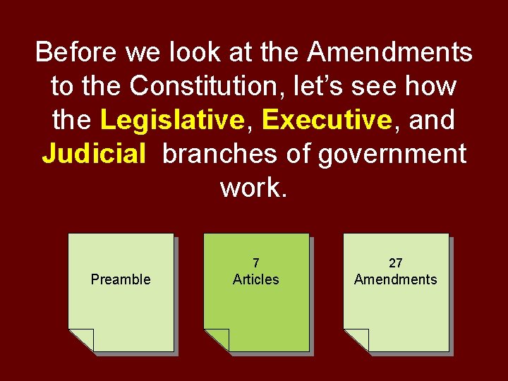 Before we look at the Amendments to the Constitution, let’s see how the Legislative,