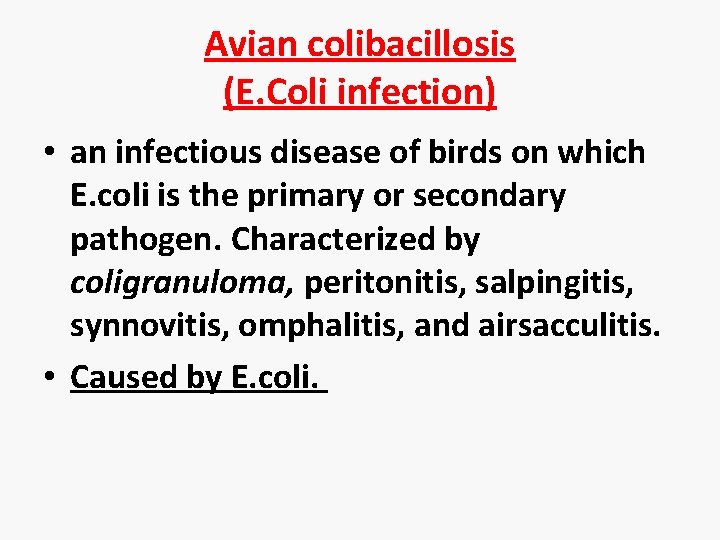 Avian colibacillosis (E. Coli infection) • an infectious disease of birds on which E.